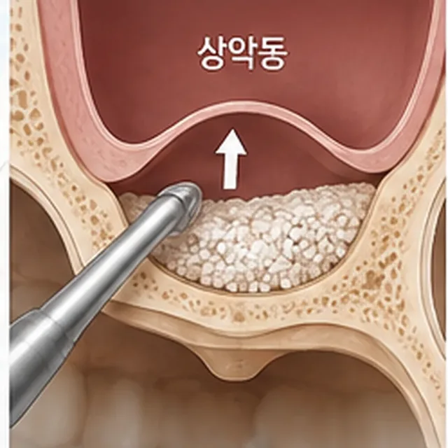 상악동 막을 들어 올리고 그 자리에 뼈이식재를 채운 단면