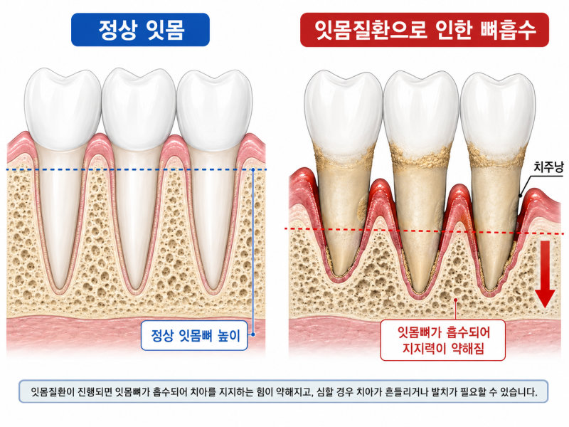 정상 잇몸과 잇몸 질환으로 인한 뼈 흡수 상태를 비교하는 치아 단면도