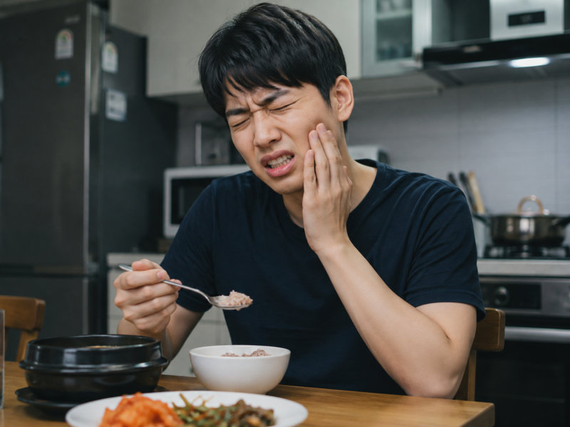 식사 중 갑자기 턱을 움켜쥐며 치통을 호소하는 남성의 모습