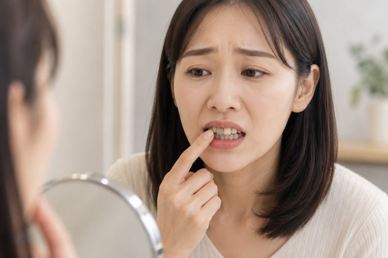 거울을 보며 앞니 변색을 확인하는 여성의 모습