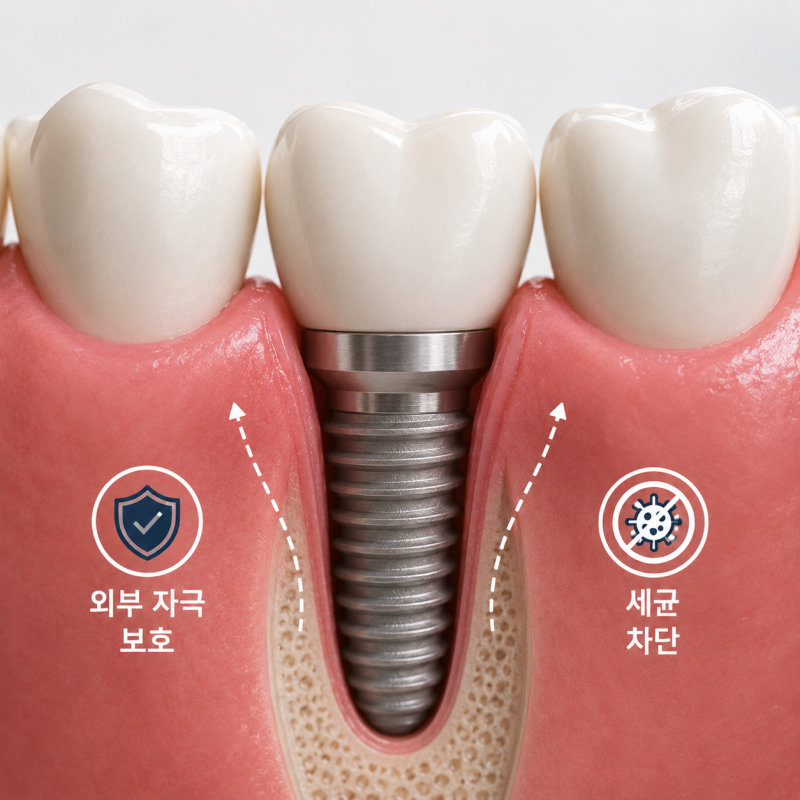 임플란트 식립 후 잇몸이 외부 자극 보호 및 세균 차단 역할을 하는 모습의 치과 모형