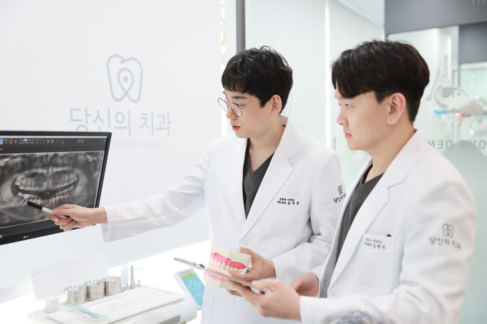 두 명의 치과 의사가 모니터의 파노라마 사진을 보며 대화하는 모습