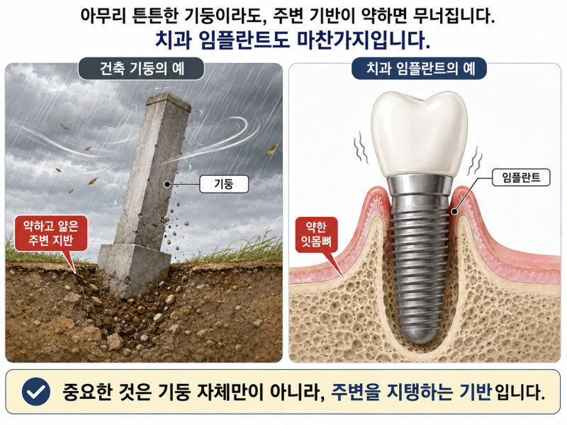 약한 지반 위에 기울어진 건축 기둥과 약한 잇몸뼈에 흔들리는 임플란트 그림