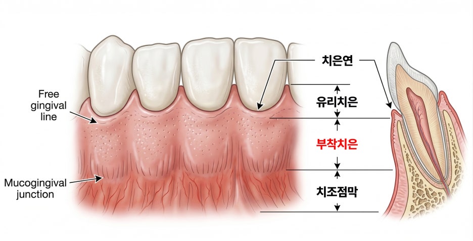치아와 잇몸의 해부학적 구조를 설명하는 치과 일러스트